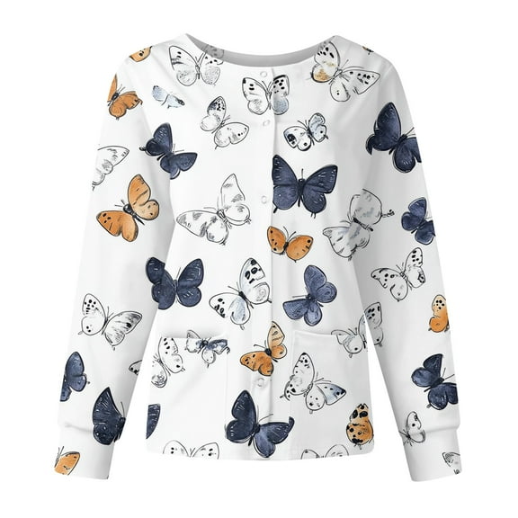 Hearthz Snap Front Scrub Jackets for Women Long Sleeve Stretchy Animal Print Nursing Tops Working Uniforms Scrub Top for Women with Pocket