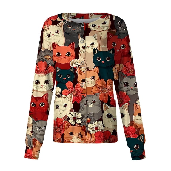 Hearthz Snap Front Scrub Jackets for Women Long Sleeve Stretchy Animal Print Nursing Tops Working Uniforms Scrub Tops for Women with Pocket