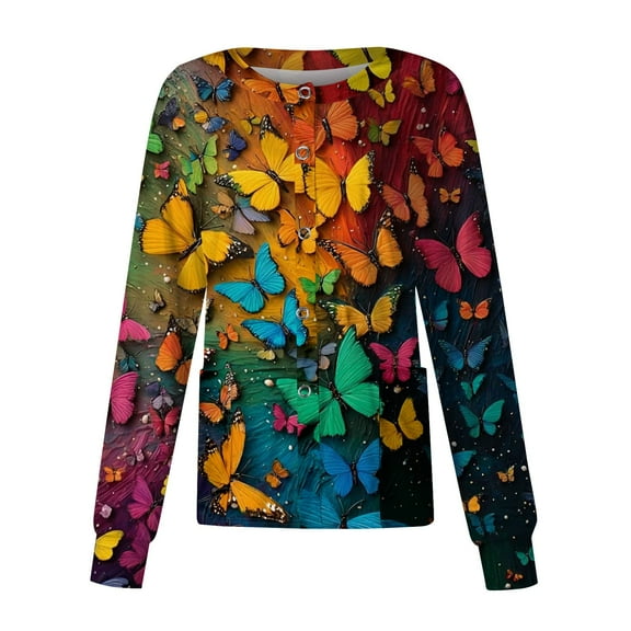 Hearthz Snap Front Scrub Jackets for Women Long Sleeve Stretchy Animal Print Nursing Tops Working Uniforms Women Scrub Top with Pocket