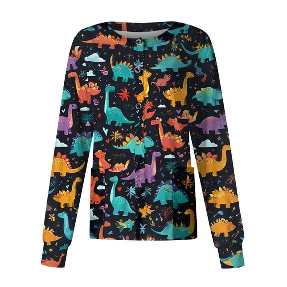 Hearthz Snap Front Scrub Jackets for Women Long Sleeve Stretchy Animal Print Nursing Tops Working Uniforms Womens Scrub Top with Pocket