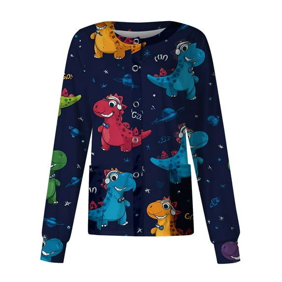 Hearthz Snap Front Scrub Jackets for Women Long Sleeve Stretchy Animal Print Nursing Tops Working Uniforms Womens Scrub Tops Printed with Pocket
