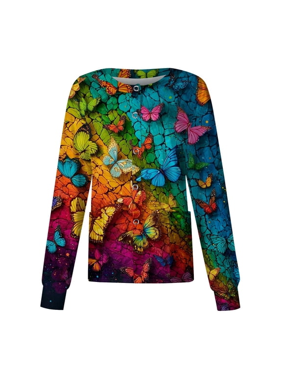 Snap Front Scrub Jackets for Women Long Sleeve Stretchy Animals Pattern Nursing Shirt Working Uniforms Scrubs Top for Women with Pocket