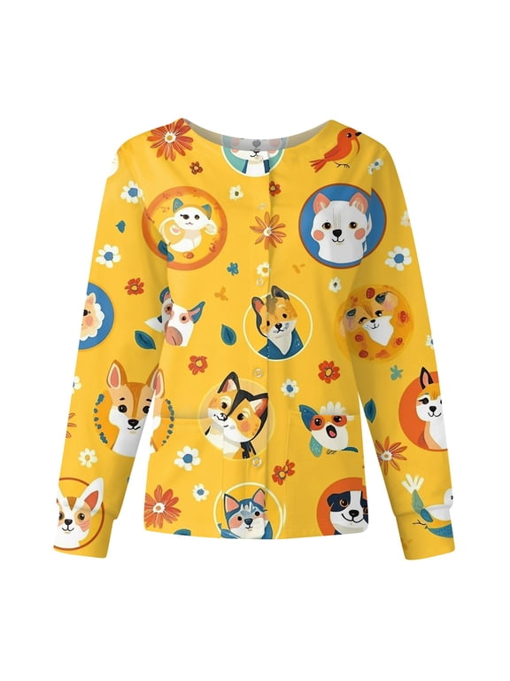 Snap Front Scrub Jackets for Women Long Sleeve Stretchy Animals Pattern Nursing Shirt Working Uniforms Women Scrubs Top with Pocket