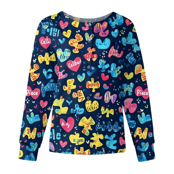 Hearthz Snap Front Scrub Jackets for Women Long Sleeve Stretchy Animals Pattern Nursing Tops Working Uniforms Fitted Scrub Tops for Women with Pocket