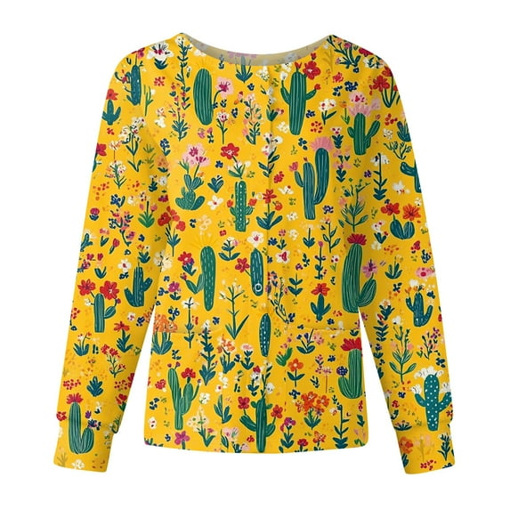 Hearthz Snap Front Scrub Jackets for Women Long Sleeve Stretchy Animals Pattern Nursing Tops Working Uniforms Scrub Tops Women Stretchy with Pocket