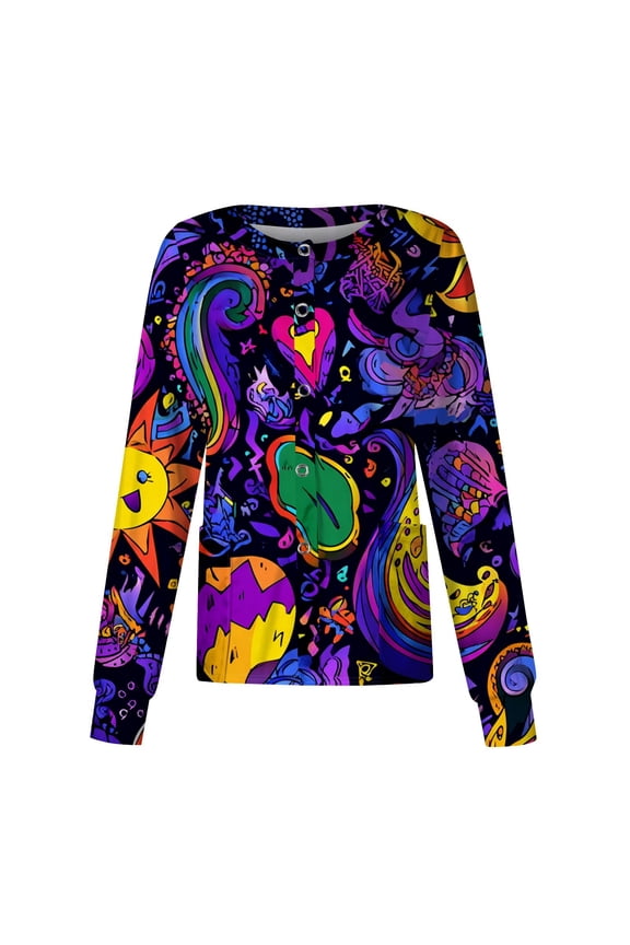 Snap Front Scrub Jackets for Women Long Sleeve Stretchy Animals Pattern Nursing Tops Working Uniforms Women Scrub Tops with Pocket