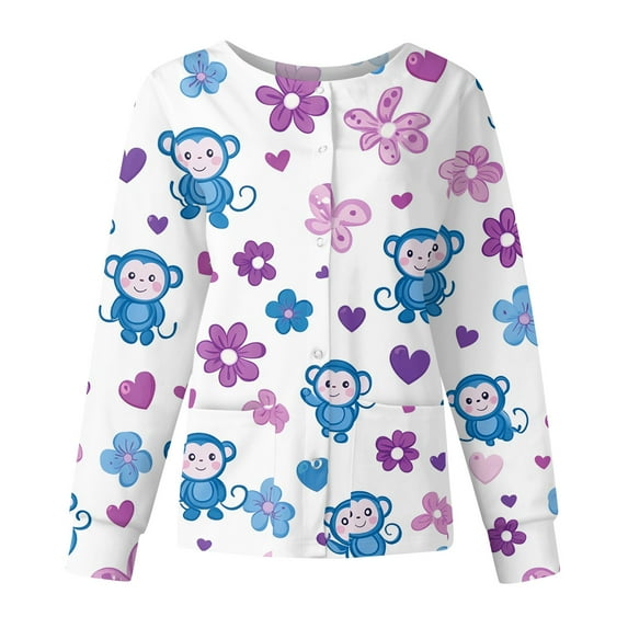 Hearthz Snap Front Scrub Jackets for Women Stretchy Long Sleeve Animal Print Nursing Tops Working Uniforms Scrubs Top for Women with Pocket