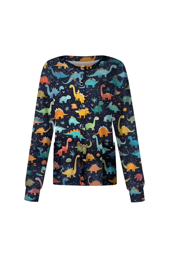 Snap Front Scrub Jackets for Women Stretchy Long Sleeve Animal Print Nursing Tops Working Uniforms Workwear Scrubs Women with Pocket