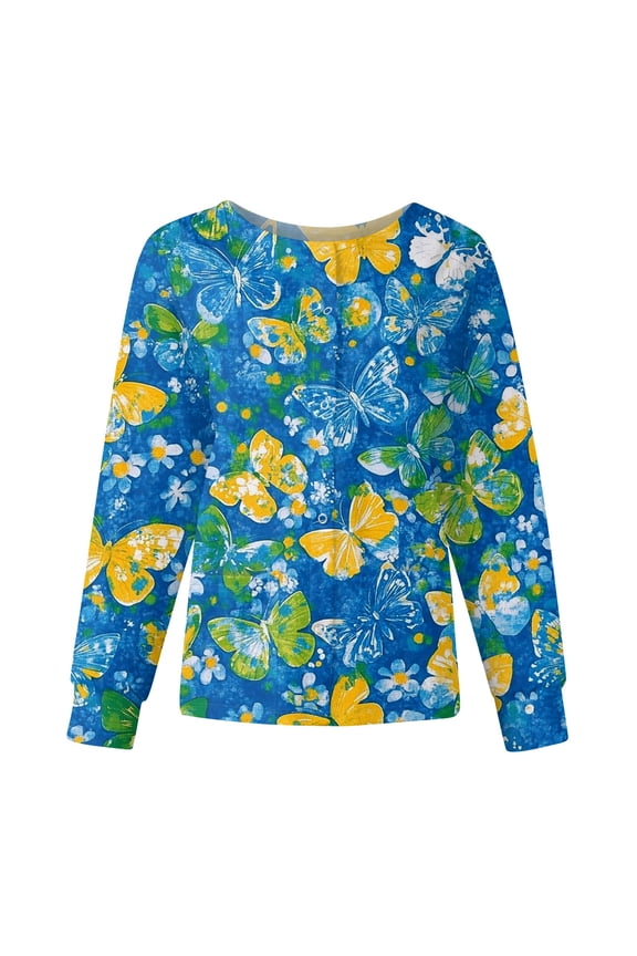 Snap Front Scrub Jackets for Women Stretchy Long Sleeve Animals Pattern Nursing Shirt Working Uniforms Scrub Top Women with Pocket