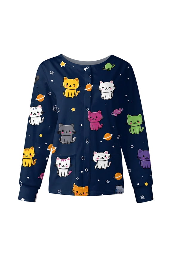 Snap Front Scrub Jackets for Women Stretchy Long Sleeve Animals Pattern Nursing Shirt Working Uniforms Scrub Tops Fitted with Pocket