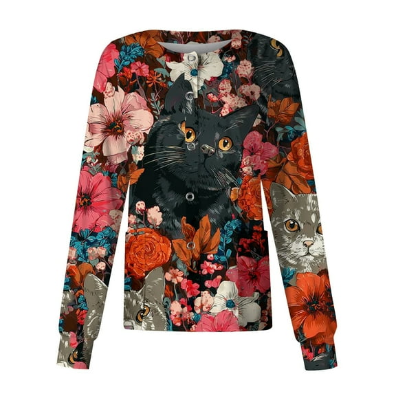 Hearthz Snap Front Scrub Jackets for Women Stretchy Long Sleeve Animals Pattern Nursing Shirt Working Uniforms Womens Scrubs Top Workwear with Pocket