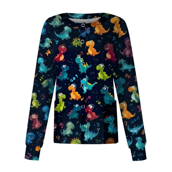 Hearthz Snap Front Scrub Jackets for Women Stretchy Long Sleeve Animals Pattern Nursing Shirt Working Uniforms Workwear Scrubs Women with Pocket