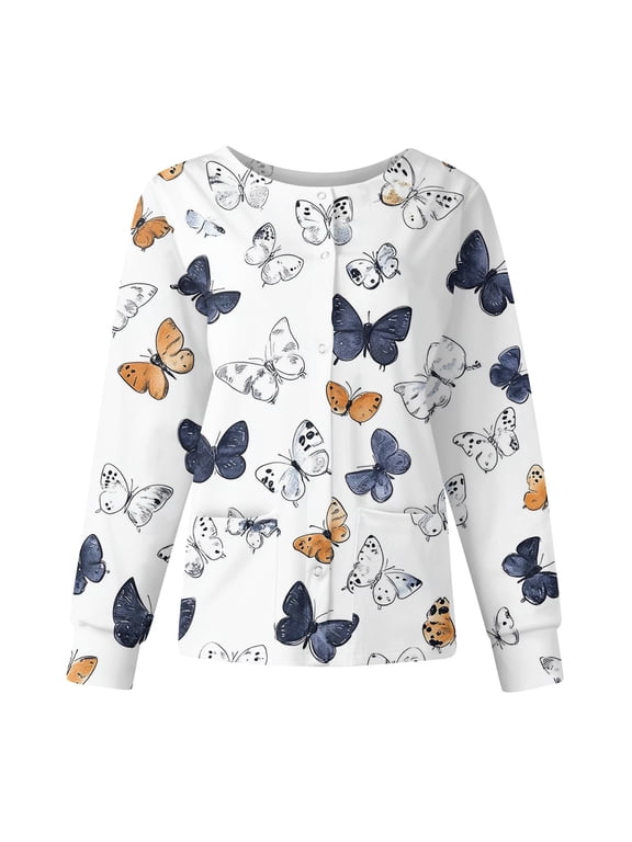 Snap Front Scrub Jackets for Women Stretchy Long Sleeve Animals Pattern Nursing Tops Working Uniforms Fitted Scrub Tops for Women with Pocket