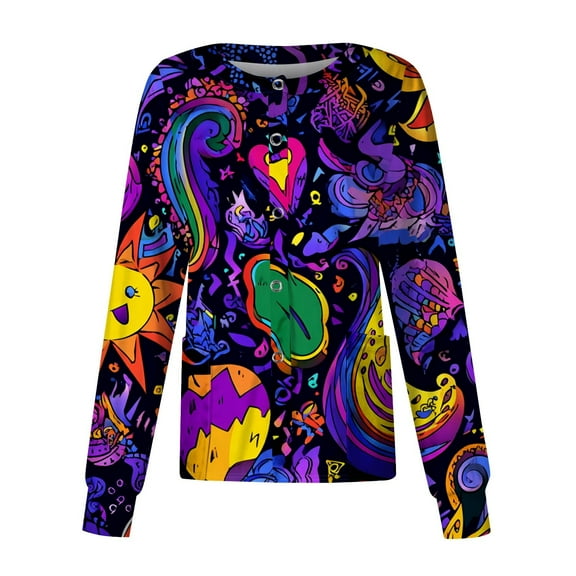 Hearthz Snap Front Scrub Jackets for Women Stretchy Long Sleeve Animals Pattern Nursing Tops Working Uniforms Scrubs for Women Workwear with Pocket