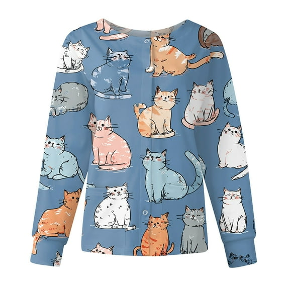Hearthz Snap Front Scrub Jackets for Women Stretchy Long Sleeve Animals Pattern Nursing Tops Working Uniforms Top Scrubs for Women with Pocket