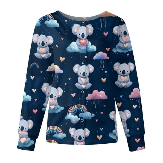 Hearthz Snap Front Scrub Jackets for Women Stretchy Long Sleeve Animals Pattern Nursing Tops Working Uniforms Womens Scrub Tops Printed with Pocket