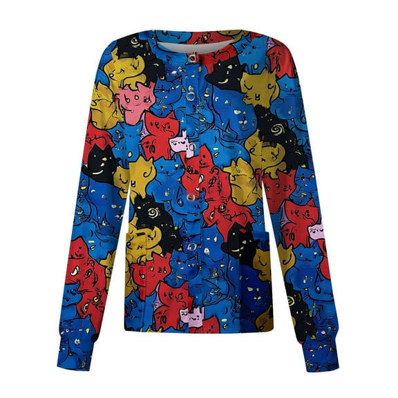 Hearthz Snap Front Women's Scrub Jacket Tops Long Sleeve Stretchy Animal Print Nursing Shirt Working Uniforms Scrub Tops Women with Pocket