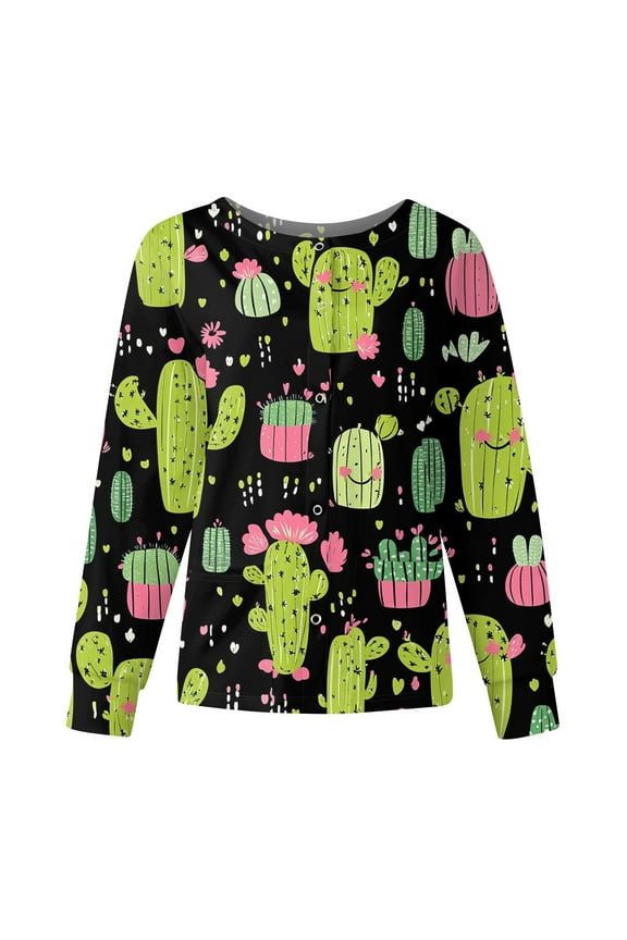 Snap Front Women's Scrub Jacket Tops Long Sleeve Stretchy Animals Pattern Nursing Shirt Working Uniforms Scrub Tops Women with Pocket