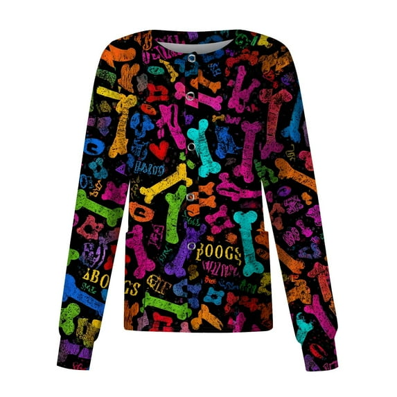 Hearthz Snap Front Women's Scrub Jacket Tops Stretchy Long Sleeve Animal Print Nursing Tops Working Uniforms Womens Scrubs with Pocket