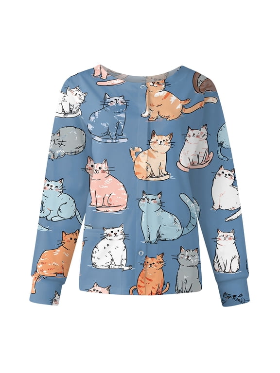 Snap Front Women's Scrub Jacket Tops Stretchy Long Sleeve Animals Pattern Nursing Shirt Working Uniforms Women Scrubs Top with Pocket