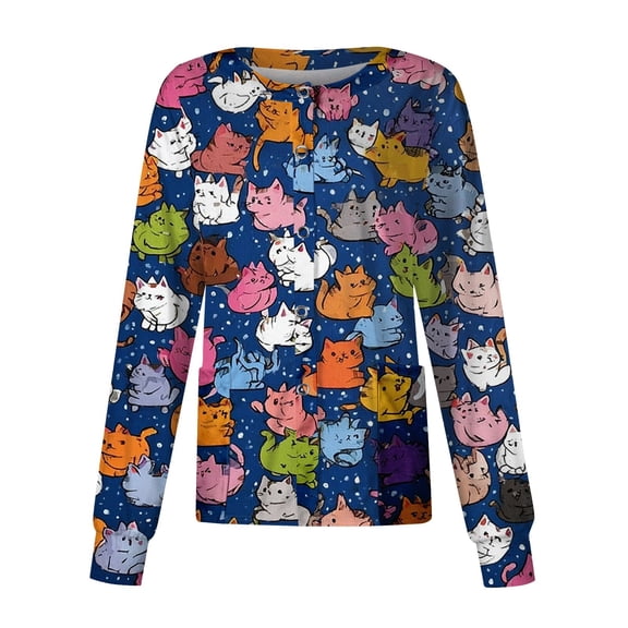 Hearthz Snap Front Women's Scrub Jacket Tops Stretchy Long Sleeve Animals Pattern Nursing Shirt Working Uniforms Womens Scrubs Top Workwear with Pocket
