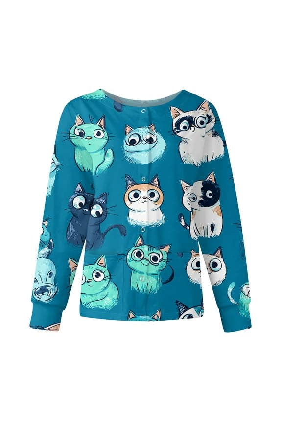 Snap Front Women's Scrub Jacket Tops Stretchy Long Sleeve Animals Pattern Nursing Tops Working Uniforms Scrub Tops Women Stretchy with Pocket