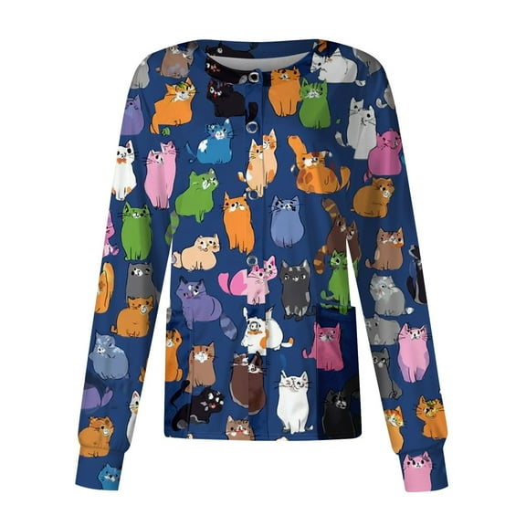 Hearthz Snap Front Women's Scrub Jacket Tops Stretchy Long Sleeve Animals Pattern Nursing Tops Working Uniforms Scrubs for Women with Pocket
