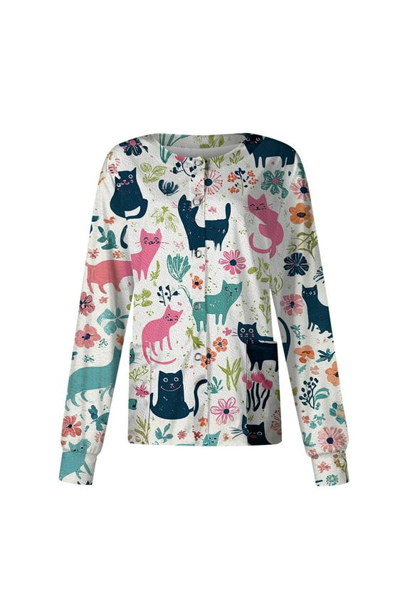 Snap Front Women's Scrub Jacket Tops Stretchy Long Sleeve Animals Pattern Nursing Tops Working Uniforms Womens Scrub Tops Print with Pocket