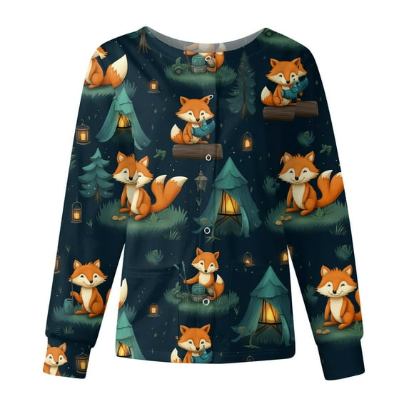 Hearthz Snap Front Women's Scrub Jacket Tops Stretchy Long Sleeve Animals Pattern Nursing Tops Working Uniforms Womens Scrub Tops Stretchy with Pocket