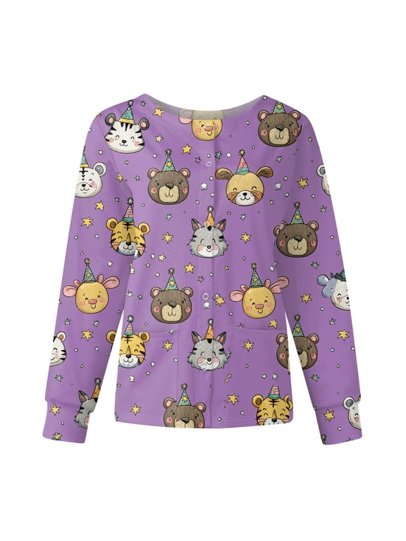 Snap Front Womens Scrub Jacket Long Sleeve Stretchy Animal Print Nursing Shirt Working Uniforms Fitted Scrub Tops with Pocket