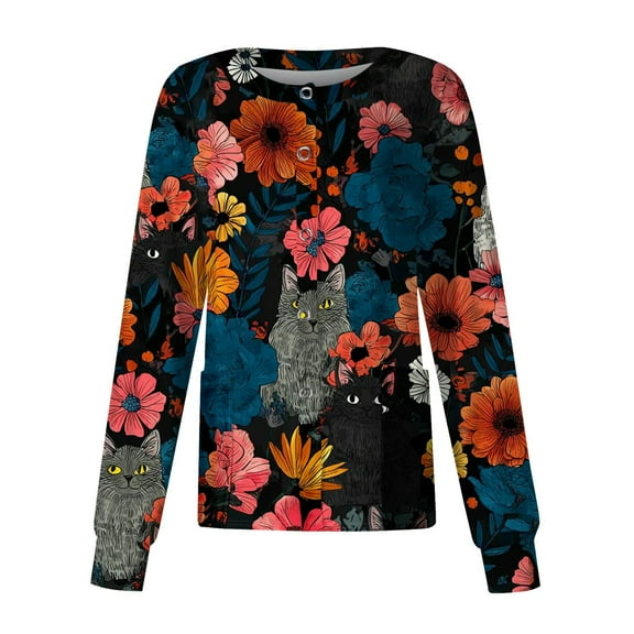 Hearthz Snap Front Womens Scrub Jacket Long Sleeve Stretchy Animal Print Nursing Shirt Working Uniforms Scrub Top for Women with Pocket