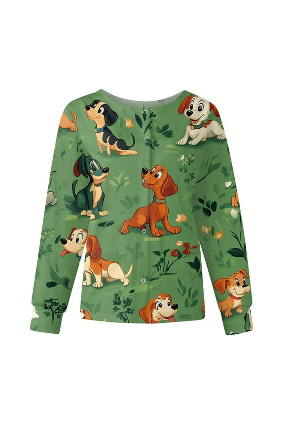 Snap Front Womens Scrub Jacket Long Sleeve Stretchy Animal Print Nursing Shirt Working Uniforms Workwear Scrubs Women with Pocket