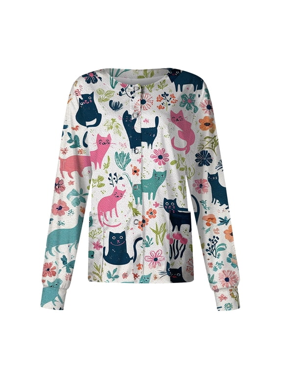 Snap Front Womens Scrub Jacket Long Sleeve Stretchy Animal Print Nursing Tops Working Uniforms Womens Scrub Tops Printed with Pocket