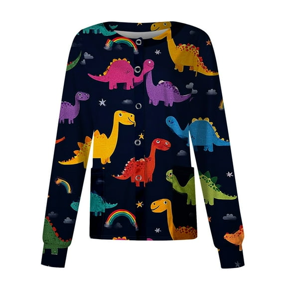 Hearthz Snap Front Womens Scrub Jacket Long Sleeve Stretchy Animals Pattern Nursing Shirt Working Uniforms Fitted Scrub Tops with Pocket