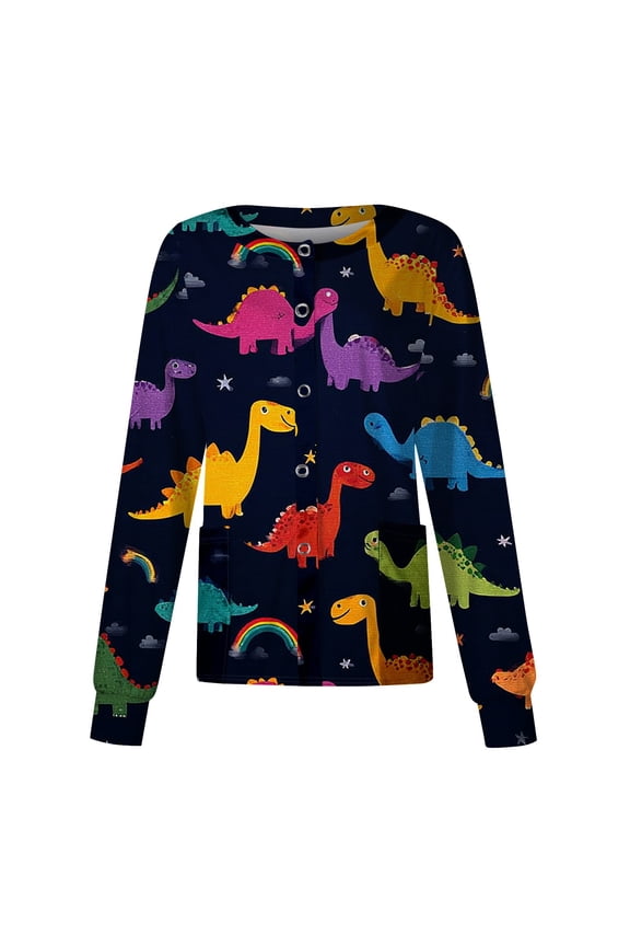 Snap Front Womens Scrub Jacket Long Sleeve Stretchy Animals Pattern Nursing Shirt Working Uniforms Fitted Scrub Tops with Pocket