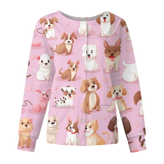 Hearthz Snap Front Womens Scrub Jacket Long Sleeve Stretchy Animals Pattern Nursing Shirt Working Uniforms Scrub Top for Women with Pocket
