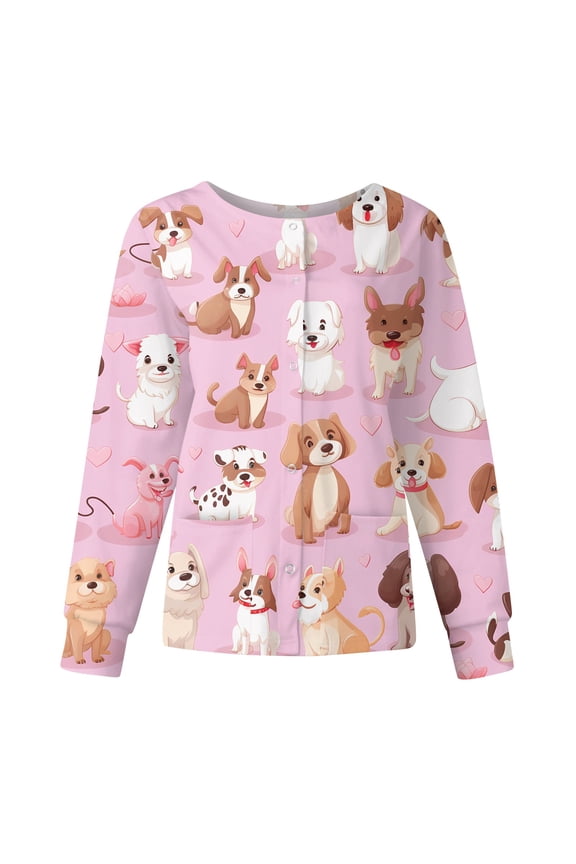 Snap Front Womens Scrub Jacket Long Sleeve Stretchy Animals Pattern Nursing Shirt Working Uniforms Scrub Top for Women with Pocket