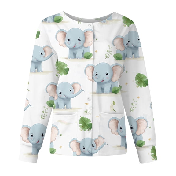 Hearthz Snap Front Womens Scrub Jacket Long Sleeve Stretchy Animals Pattern Nursing Shirt Working Uniforms Scrubs Tops for Women with Pocket