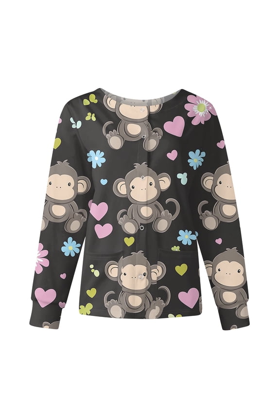 Snap Front Womens Scrub Jacket Long Sleeve Stretchy Animals Pattern Nursing Tops Working Uniforms Scrub Tops Women Plus Size with Pocket