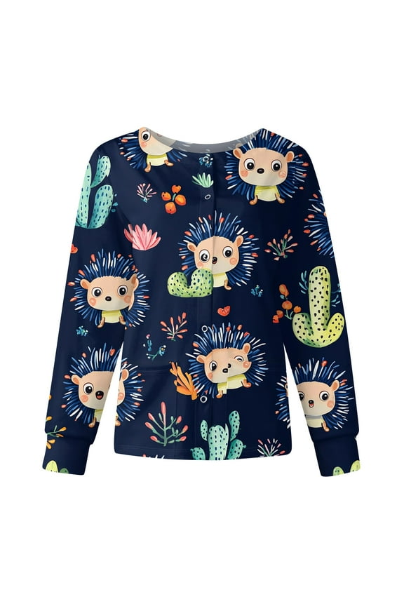 Snap Front Womens Scrub Jacket Long Sleeve Stretchy Animals Pattern Nursing Tops Working Uniforms Womens Scrub Tops with Pocket