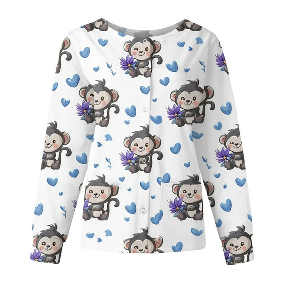 Hearthz Snap Front Womens Scrub Jacket Stretchy Long Sleeve Animal Print Nursing Shirt Working Uniforms Fitted Scrub Tops for Women with Pocket