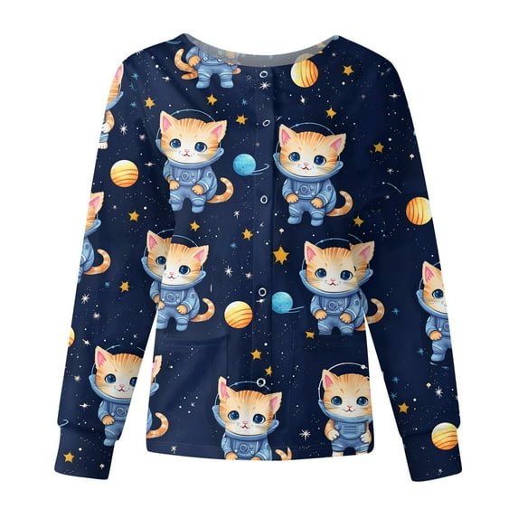 Hearthz Snap Front Womens Scrub Jacket Stretchy Long Sleeve Animal Print Nursing Tops Working Uniforms Scrub Top for Women with Pocket