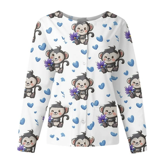 Hearthz Snap Front Womens Scrub Jacket Stretchy Long Sleeve Animal Print Nursing Tops Working Uniforms Scrub Tops for Women Fitted with Pocket