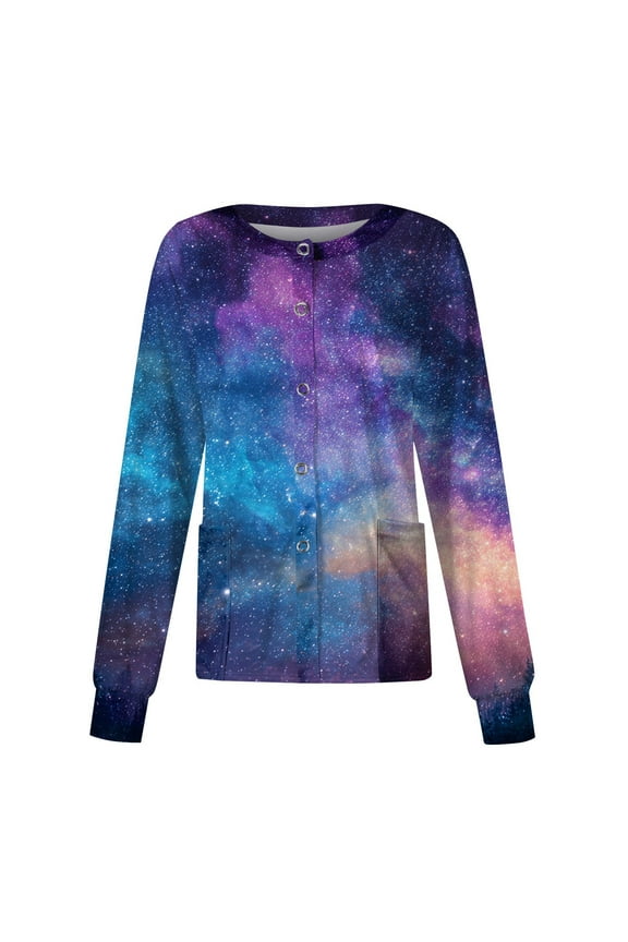 Snap Front Womens Scrub Jacket Stretchy Long Sleeve Animals Pattern Nursing Tops Working Uniforms Scrub Tops Women Design with Pocket