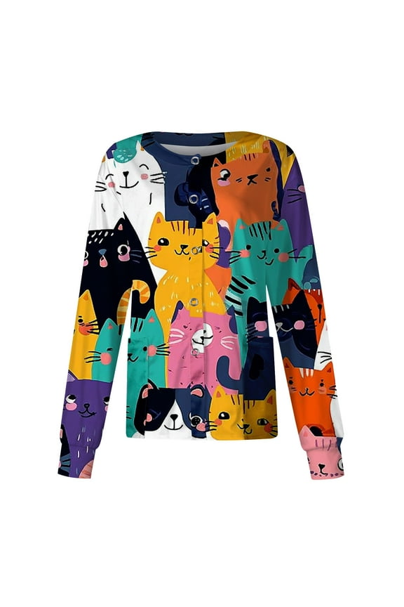 Snap Front Womens Scrub Jacket Stretchy Long Sleeve Animals Pattern Nursing Tops Working Uniforms Scrub Tops Women with Pocket