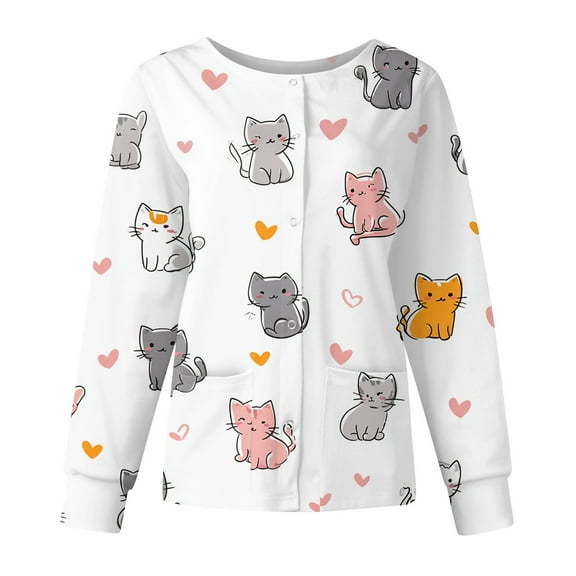 Hearthz Snap Front Womens Scrub Jacket Stretchy Long Sleeve Animals Pattern Nursing Tops Working Uniforms Scrubs Tops with Pocket