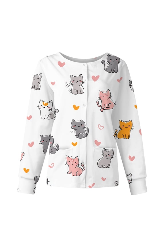 Snap Front Womens Scrub Jacket Stretchy Long Sleeve Animals Pattern Nursing Tops Working Uniforms Scrubs Tops with Pocket