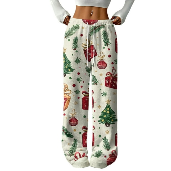 Hearthz Soft Fleece Pajama Pants Women Christmas Soft Fuzzy Elastic Waist Wide Leg Sleep Pants with Pockets Fall Winter Warm Women Pajama Bottoms