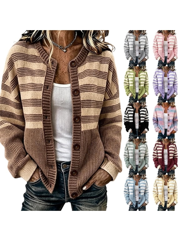 Striped Button Front Knit Cardigan for Women Dressy Color Block Jacket for Women Relaxed Fit Womens Fall Sweaters