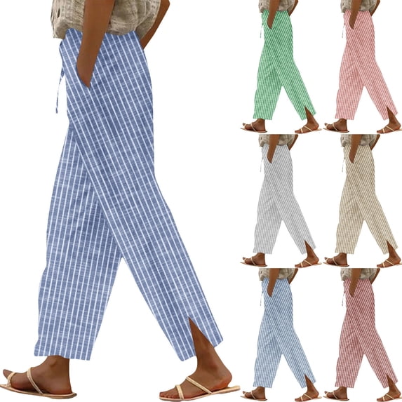 Hearthz Striped Linen Blend Pants for Women High Waisted Wide Leg Crop Pants for Women Flowy Baggy Womens Summer Pants Gray L